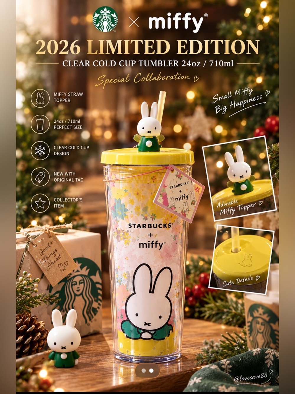 NWT Starbucks x Miffy 2026 Clear Cold Cup Tumbler 24oz 710ml